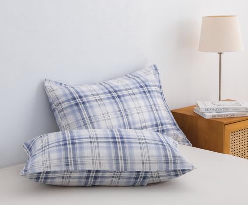 Image of SLEEPBELLA Blue White Grid Duvet Cover Set, 100% Cotton Bedding, Buffalo Plaid Geometric Checker Pattern, with Button Closure (3pcs, Queen Size)