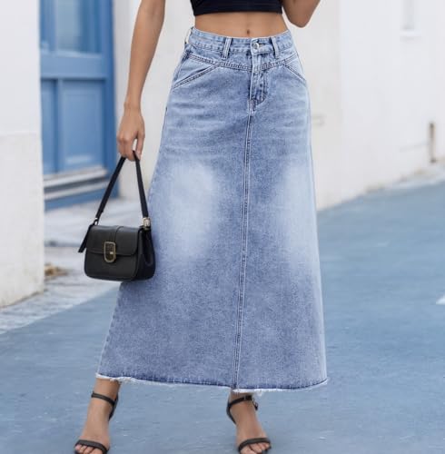 Akivide Womens Trendy Denim High Waist A Line Frayed Hem Maxi Skirt Casual Loose Stretchy Slim Fit Long Skirts with Pockets2