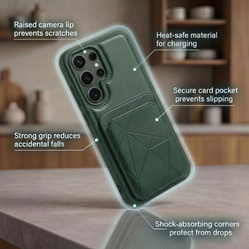 Image of amazon basics Premium Vegan Leather Back Cover with Card Holder and Integrated Mobile Stand for Samsung Galaxy S26 5G - Slim Shockproof Wallet Case with Geometric Stitching [Green]