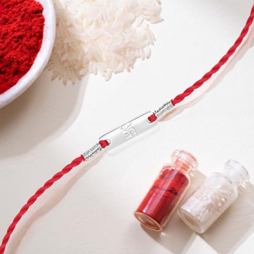 Image of ZAVYA 925 Sterling Silver Swastik Minimal Rhodium Plating Silver Rakhi | Rakhi for Brother- Rakshabandhan | Gift for Men & Boys |1 Year Plating Warranty
