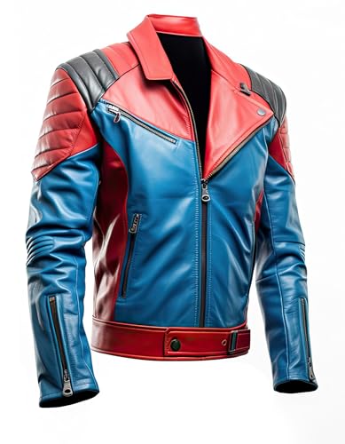 Men’s Red Blue Genuine Sheepskin Quilted Shoulders Stylish Punk Soft Streetwear Biker Rider Leather Jacket