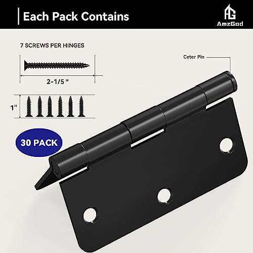 AmzGod Door Hinges Matte Black - 30 Pack Black Door Hinges 3.5 Inch Rounded Interior Door Hinge with 1/4" Radius Corners - Black Hinges for Doors 3 1/2 Inches Flat Iron Residential Door Hardware - Image 3