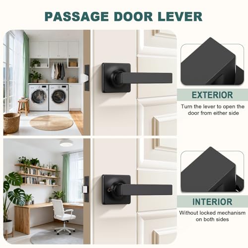 Image of GOBEKOR 3 Pack Matte Black Door Handles Square Interior Door Handle Passage Door Levers Black Closet Door Handle with Lock Modern Lever Door Handles