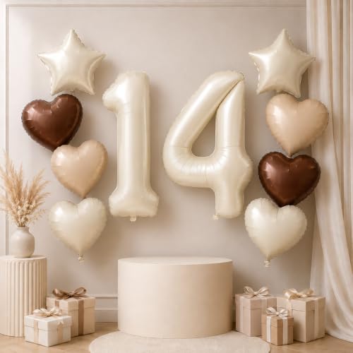 14th Birthday Balloons Decor Cream Brown Tan Helium Number 14 Balloon Heart Balloon Neutral Beige Sand White Nude Foil Star Balloon Set for Girls Birthday Wedding Anniversary Party Boho Decoration