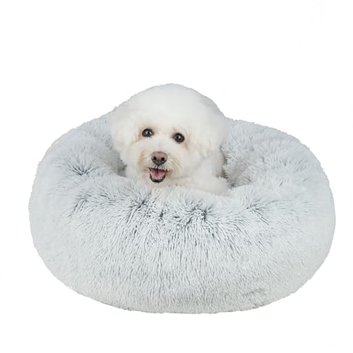 Image of Best Pet Supplies Round Calming Dog Bed for Small, Medium & Large Dogs, Plush Donut Cuddler Pet Bed w /Raised Rim for Head, Neck Support, Anti-Slip Bottom Washable Bed - Light Warm Gray, 20 x 20 x 6