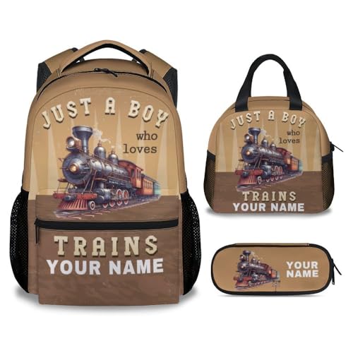 Custom School Backpack with Lunch Box Set for Kids, 3 in 1 Train Backpacks Matching Combo, Funny Brown Bookbag and Pencil Case Bundle