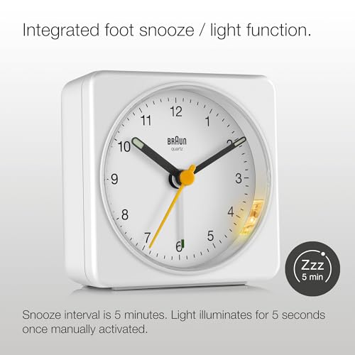 Braun Classic Analogue Alarm Clock with Snooze and Light, Quiet Quartz Sweeping Movement, Crescendo Beep Alarm in White, Model BC03W. – Image 5