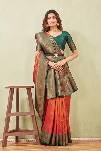 Image of Women's Banarasi Silk Saree with Rich Pallu, Jacquard Zari Weaving Work & Unstitched Blouse Piece, Traditional Ethnic for Wedding, Party & Festive Occasion