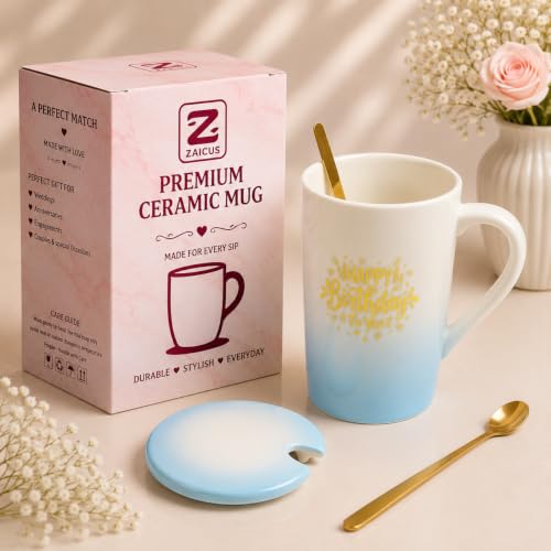 Image of ZAICUS Happy Birthday Coffee Mug with Lid, Ceramic Gift Cup for Men & Women | Suitable for Hot & Cold Beverages | Ideal Birthday Gift | Elegant White & Blue Gradient Finish