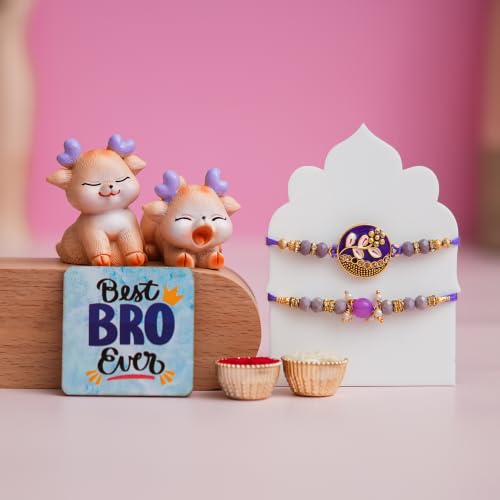 Image of eCraftIndia Purple Designer Rakhi for Brother with Cute Deer Showpiece, Best Bro Ever Fridge Magnet & Roli Chawal Pack | Raksha Bandhan Gift Set for Bhai, Bhaiya, Brother