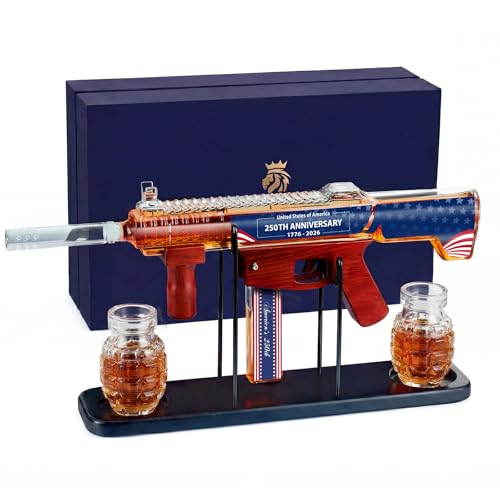 Image of Kollea Gifts for Men Dad, 250th Anniversary Gun Whiskey Decanter Set-Limited Edition, Liquor Decanter with 2 Bullet Shot Glasses, Cool Birthday Gifts for Him Husband, Military Present for Home Bar
