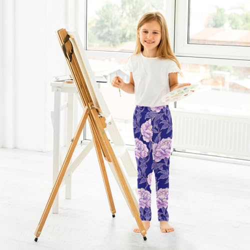 ALAZA Girls' Leggings Children's Yoga Pants Skinny Printed Dance Purple Peony Comfortable 4T4