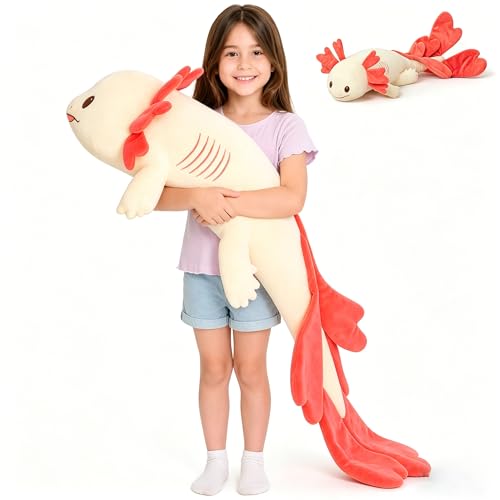 Image of MaoGoLan 44 inch Axolotl Stuffed Animal, Giant Glow in The Dark Axolotl Plush Stuffy for Girl Boy Kid, Long Pink Love Heart Salamander Plush Body Pillow for Birthday, Baby Shower Decor