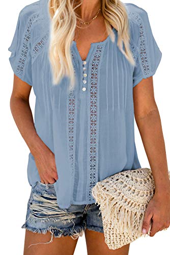 TIKSAWON Womens Ladies 2021 Summer Sexy V Neck Short Sleeve Lace Eyelet Boho Shirts Casual Loose Peasant Chiffon Blouses for Women Tops Blue S