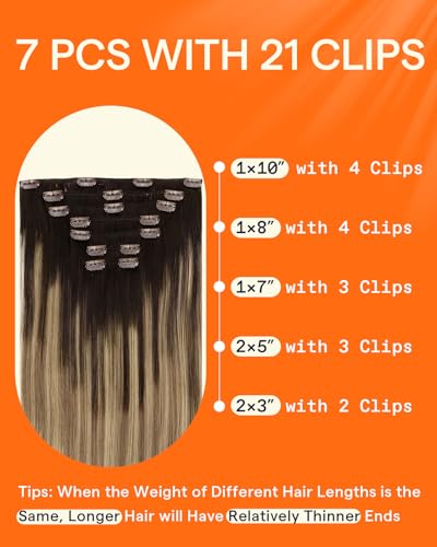 Image of Full Shine Dark Brown Balayage Clip in Extensions Real Human Hair 18 Inch | Clip on Hair Extensions for Women, Balayage Dark Brown Ombre Honey Blonde, 7 Pcs 120g