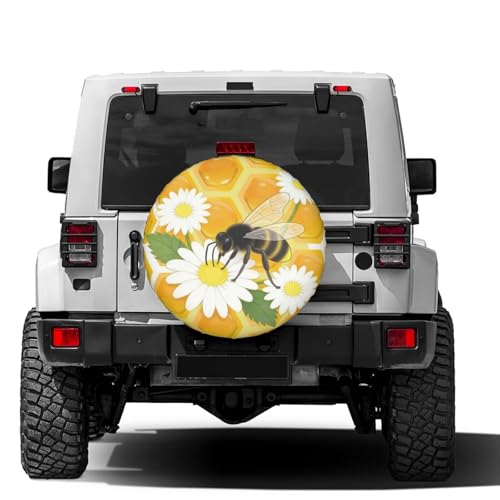 Image of Delerain Spare Tire Cover Honeycomb Bee Daisies Wheel Covers Waterproof Dust-Proof UV Sun Universal Fit for Jeep Trailer RV SUV Truck and Many Vehicle (17 Inch for Diameter 31 inch-33 inch)