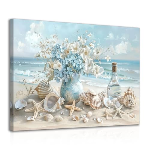 Dazzlewall Encadré Océan Plage Toile Art Mural, Paysage Marin Coquillages Étoile de Mer Impression D’Affiche Côtière pour Salle de Bain Salon Chambre À...
