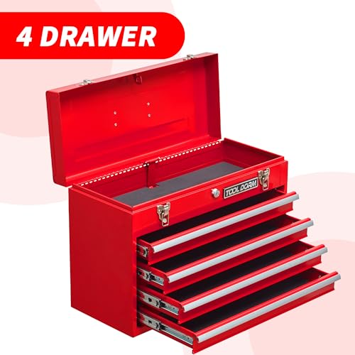 Metal Tool Box with 4 Drawers Portable Steel Tool Chest with Metal Cylinder Lock and Latch Closure, Liner, Red Powder Coating, Suitable for Garage, Warehouse and Outdoor Repair Job