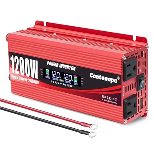Image of Cantonape 1200W Car Power Inverter DC 12V to 110V AC Converter with LCD Display Dual AC Outlets 3.0A USB and Type-C Power Inversor 12 Volt Inverter for Vehicles Outdoor