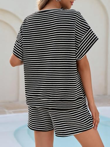 Image of Tankaneo Womens Pajama Sets Striped 2 Piece Lounge Sets Short Sleeve Oversized T Shirts Drawstring Shorts Matching Set