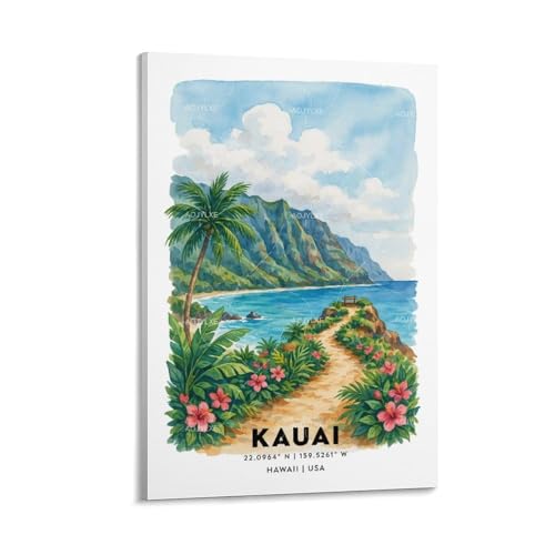 Poster voyage Kauai aquarelle vintage 50x75 cm panoramique