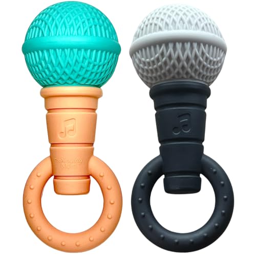 Baby Microphone Teether - Microphone Rattle, BPA Free, Silicone, Musical/Singing Toy, Dishwasher & Freezer Safe, Teething Shaker Toy for Newborns, Infants, Toddlers. (Teal Peach and Gray Black) image 5