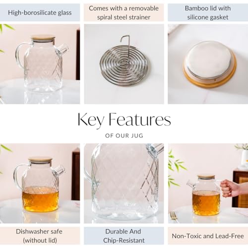 Image of Nestasia Transparent Glass Jug with Bamboo Lid (1700 ml) - Diamond Textured Dishwasher Safe Carafe with Easy Pour Spout & Steel Strainer - Glass Pitcher for Water, Juice, Hot & Cold Beverages
