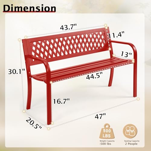 Image of VINGLI 47'' Outdoor Bench, Weather Resistant Garden Patio Bench Powder Coated Iron Frame w /PVC Mesh Backrest Slatted Seat, 2-Person Outdoor Furniture for Front Porch Entryway Park (Red)