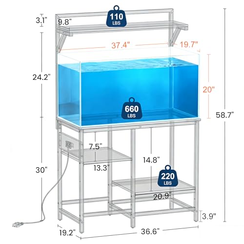 Image of 40 Gallon Fish Tank Stand, Aquarium Stand with Power Outlet, Heavy-Duty Reptile Terrarium Stand Table with Top Shelf for 40 Gal Standard /Long /High, 37.4 inch L x 19.7 inch W x 30 inch H(Black)