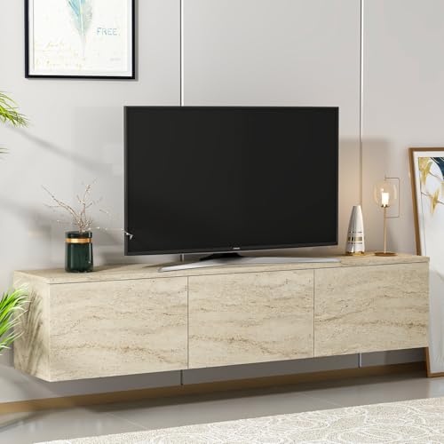 Homidea Levante - Meuble TV bas suspendu - 160 cm - Meuble TV mural avec portes rabattables - Meuble TV moderne pour salon (travertin)
