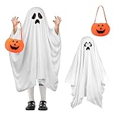  XiLayNeen Costume de Fantôme Halloween Enfant Cape Fantôme Blanche avec Sac de Citrouille Deguisement Fantome Garçon Fille pour Halloween Carnaval Cosplay Party