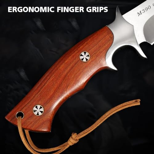 M390 Steel Handmade Hunting Knife, Fixed Blade Full-Tang with Leather Sheath, Red Wood Non-Slip Handle - Survival, Tactical, Camping knives