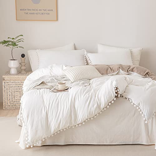 Bedbay Boho Bedding Twin Size White Duvet Cover Set Ultra Soft Microfiber Luxury Ball Fringed Decor 2 Pcs Farmhouse Aesthetic Bedding For Kids Teen With Zipper (White&Taupe,Twin) #TOP3