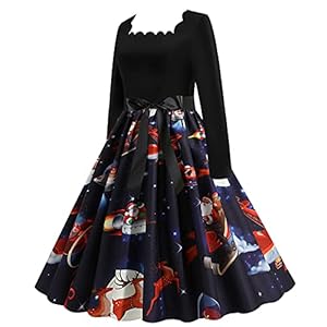 NJGRAE Jupon pour Robe Transparente Jupe Plissée Noire Mi Longue Femmes Casual à Manches Longues Robe de Noël Mignon imprimé années 1950 Femme au Foyer Vintage soirée Robes de Bal