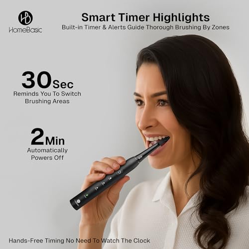 Image of HomeBasic Sonic Shine Electric Toothbrush for Adults, Rechargeable with 6 Brush Heads | 3 Modes, Smart 2-Min Timer, USB-C Charging, 50-Day Battery | IPX7 Waterproof Travel Case Included (Black)