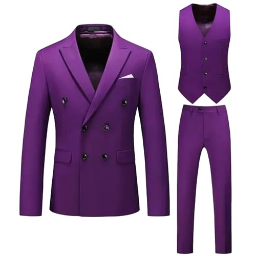 Men Full Notched Lapel Double Breasted 3-Piece Wedding Graduation Casual Banquet Suit Purple