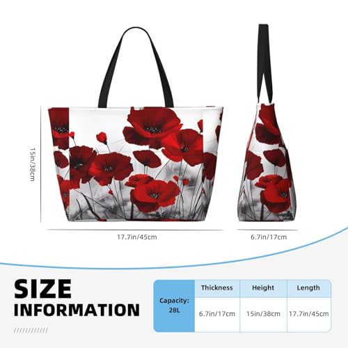 Red Poppy Flower Print Large Capacity Beach Tote Bag for Women, Waterproof Beach Travel Bag3