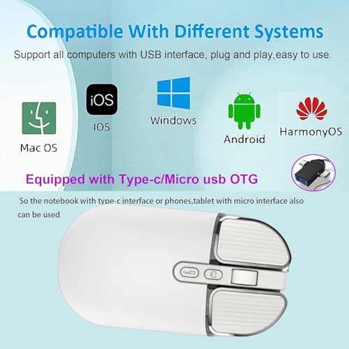 Image of KINGSTER Wireless Bluetooth Rechargeable Mouse - Silent Click, Dual Mode (BT 5.2 + 2.4GHz), Adjustable DPI (800 /1200 /1600), Ergonomic Design - for Laptop, PC, Mac (White & Multi-Color) (Glossy White)
