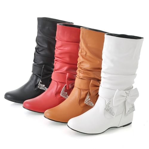 Bow Leather Mid Calf Boots For Women Elegant Low Heels Rhinestone Pointed Toe Slip On Hidden Wedge Knee High Boots Comfort Flat Heel Party Dress Booties2