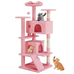Sweetcrispy 54 Inch Cat Tree Tower, Multi-Level with Cat Scratching Post, Indoor Cat Condo with Climbing Ladder, Plush Toy, Play House for Cat, Pink