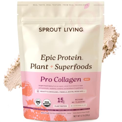 Image of Sprout Living Epic Protein, Plant Based Protein & Superfoods Powder, Pro Collagen, Berry | 15 Grams Organic Protein Powder, Vegan, Non Dairy, Non-GMO, Gluten Free, Low Sugar (0.7 Pound, 12 Servings)