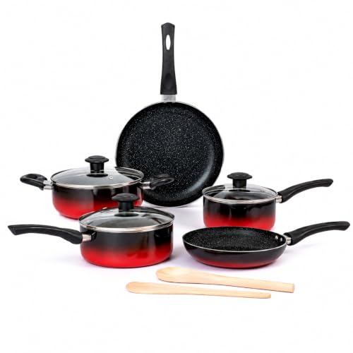 Image of Kreme Aura Granite Non Stick Cookware Set 10pcs | Aluminium Cookware Set | Fry Pan 20cm, 26cm, Sauce Pan 16cm, 18cm, Casserole Pot 20cm with 3 Glass Lid | Induction & Gas Compatible, Red | Granite Cookware Set