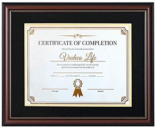 VUDECO11x14 Inch Diploma Frame Certificate Frame Photo Frame Displays Double Mat - Matte Black with Gold Rim 8.5x11 with Mat or 11x14 without Mat Sturdy Wooden Look Color - Tabletop or Wall Mount