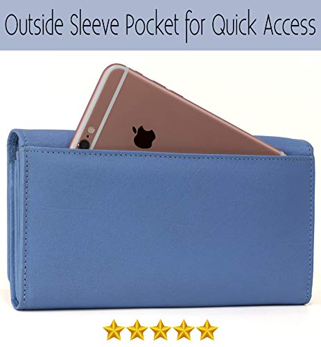 Image of Women's Top Grain Leather Wallet, RFID Blocking Bifold clutch, 17 Card Slots, Zip Pocket Organizer, Elegant Gift for Women - Birthday, Valentine, Anniversary - LIGHT BLUE