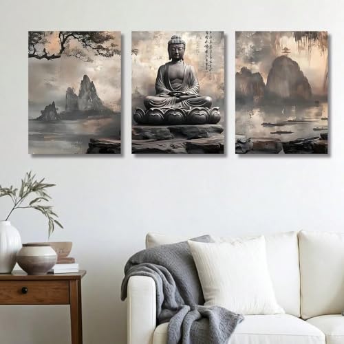 Statue de Bouddha affiche zen lot de 3 toiles décoration murale inspiration religieuse