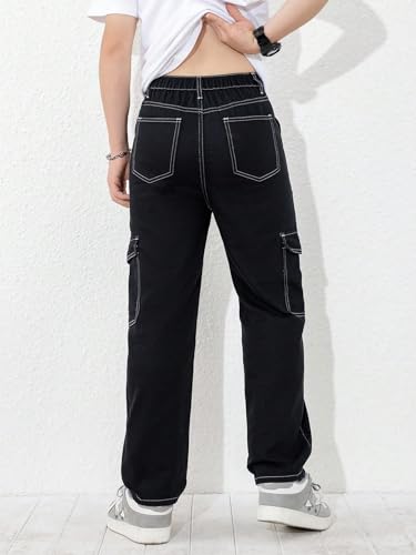 WDIRARA Boy's Flap Pockets Cargo Jeans High Waisted Casual Street Straight Leg Pants2