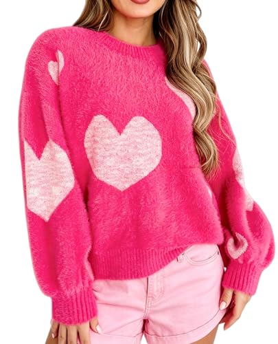 Image of Women's Cute Heart Sweater Love Print Valentine Romantic Knitted Top Casual Crewneck Long Sleeve Sweaters Pullover