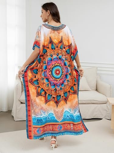 Image of IMAGEKOPE Women's Plus Size Loose Fit Moroccan Print V-Neck Batwing Kaftan Beach Dress Bathing Suit Cover Up