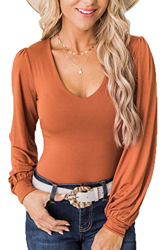 ESONLAR Women's V-Neck Long Sleeve Bodysuit Elegant Slim Fit Tops Orange L