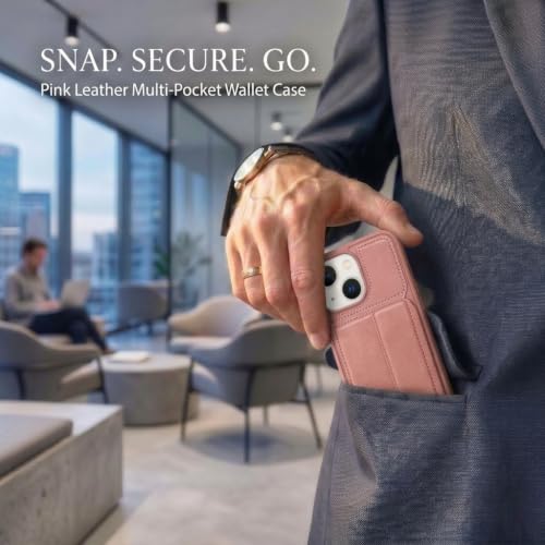 Image of amazon basics Luxury Vegan Leather Back Cover for iPhone 14 | Built-in Card Holder Slot | Integrated Mobile Stand | Slim Shockproof Protective Case with Stitched Finish - Pink